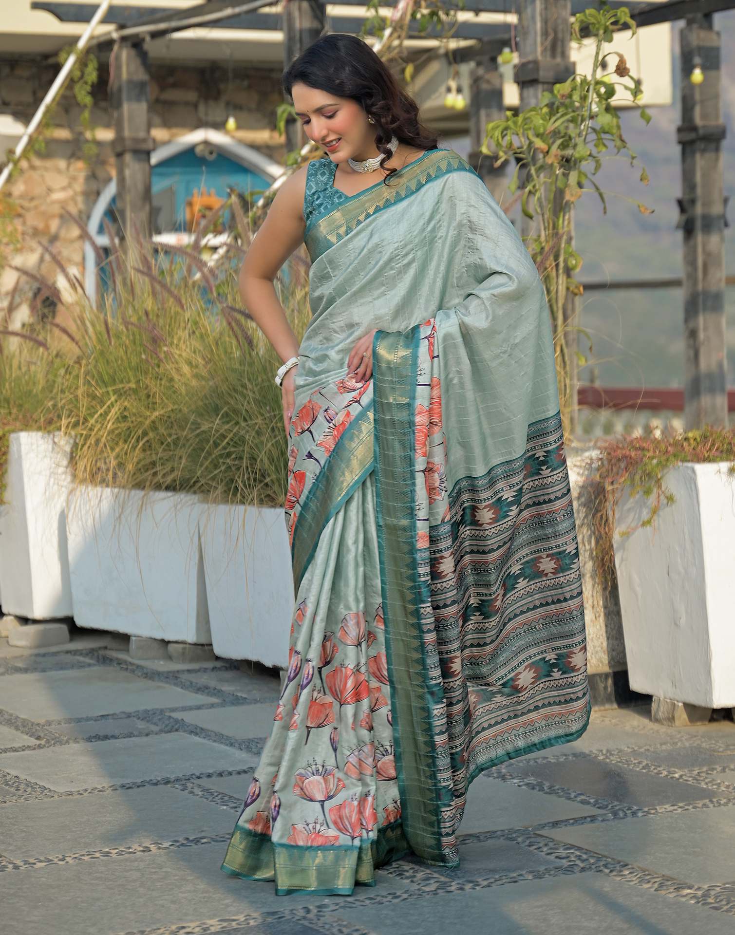 Light Turquoise Silk Woven Printed Saree