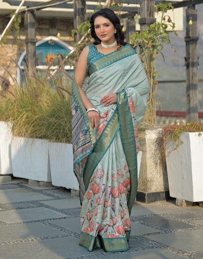Light Turquoise Silk Woven Printed Saree