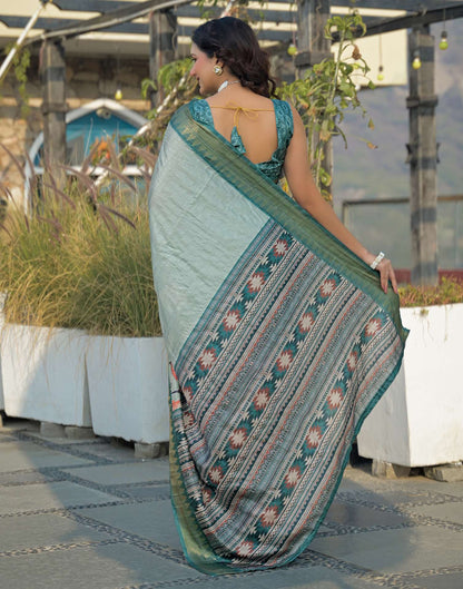 Light Turquoise Silk Woven Printed Saree