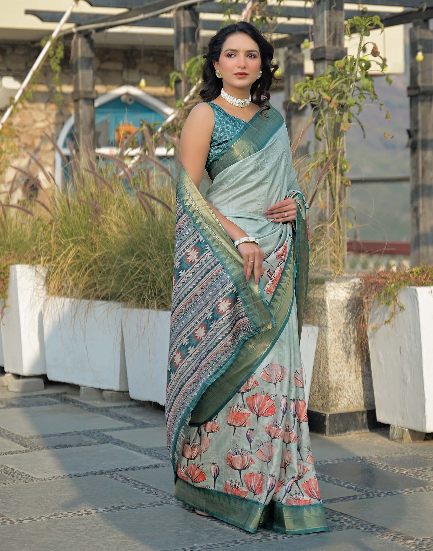 Light Turquoise Silk Woven Printed Saree