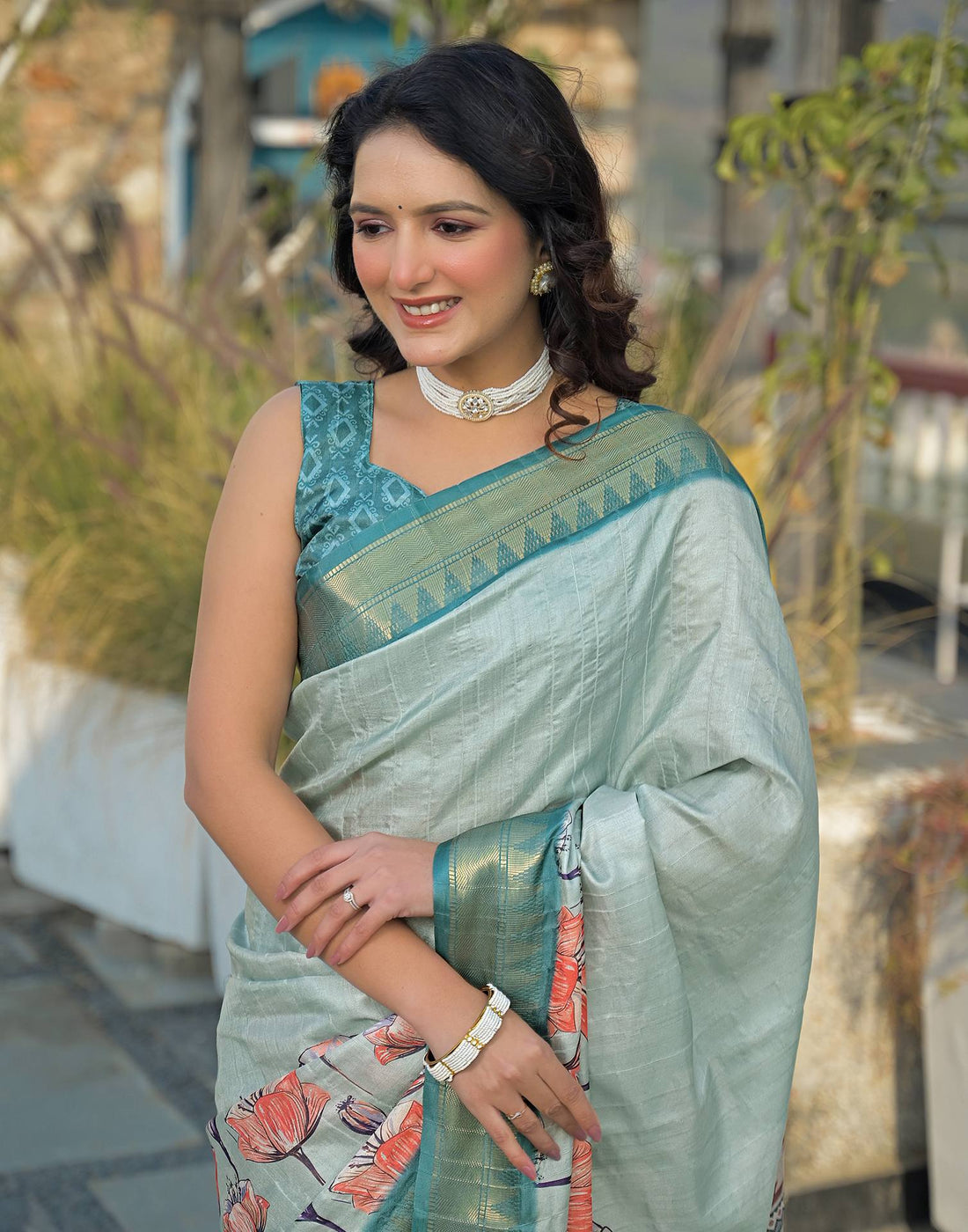 Light Turquoise Silk Woven Printed Saree