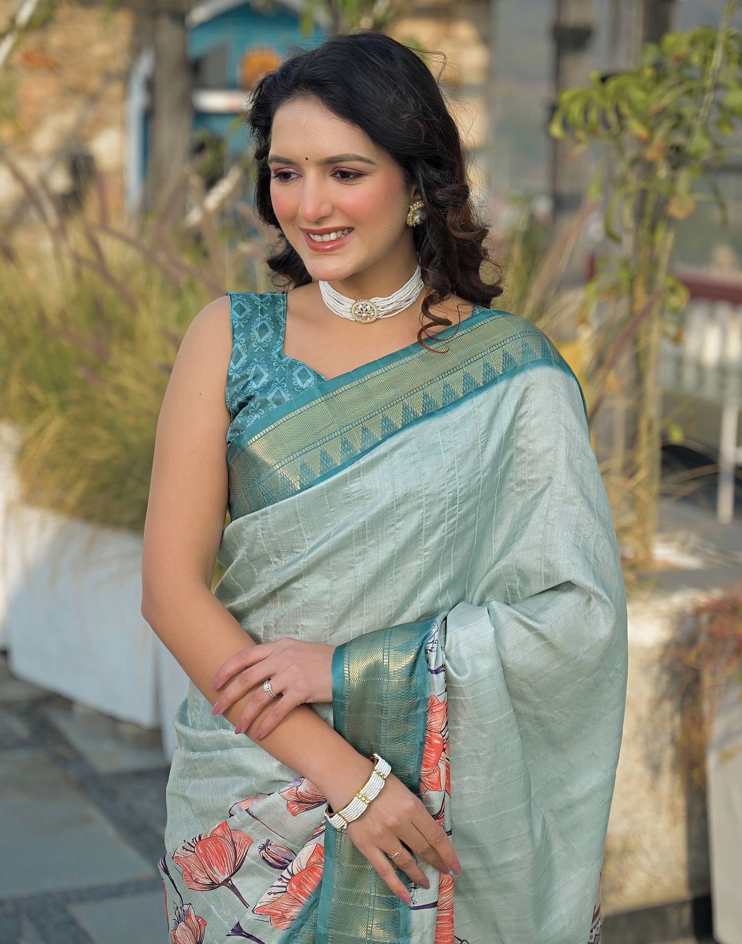 Light Turquoise Silk Woven Printed Saree