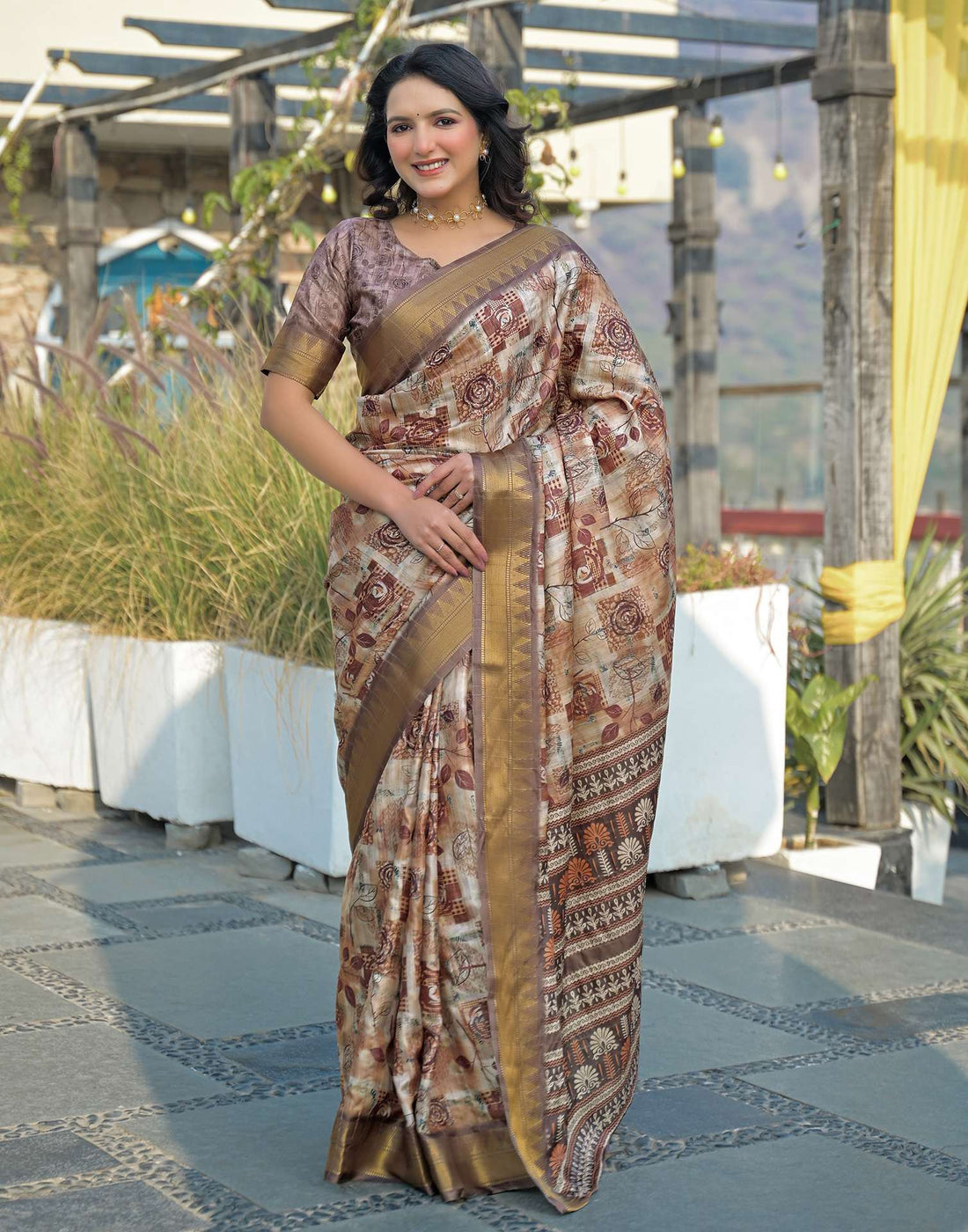 Brown Silk Woven Printed Saree