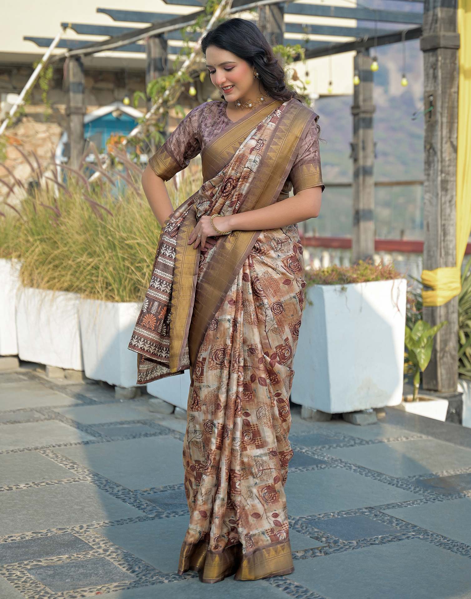 Brown Silk Woven Printed Saree