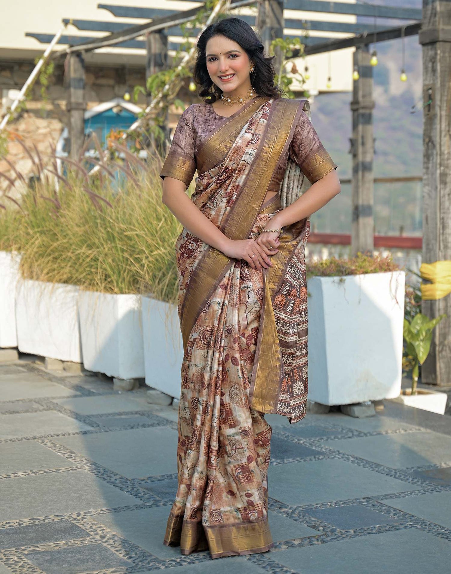Brown Silk Woven Printed Saree