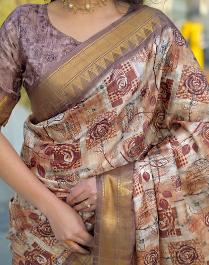 Brown Silk Woven Printed Saree