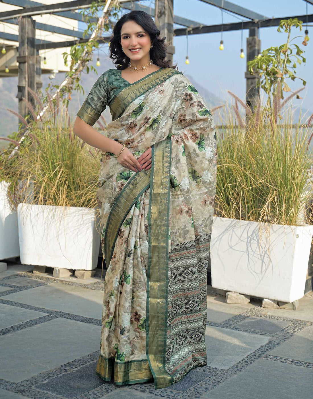 Beige Silk Woven Printed Saree