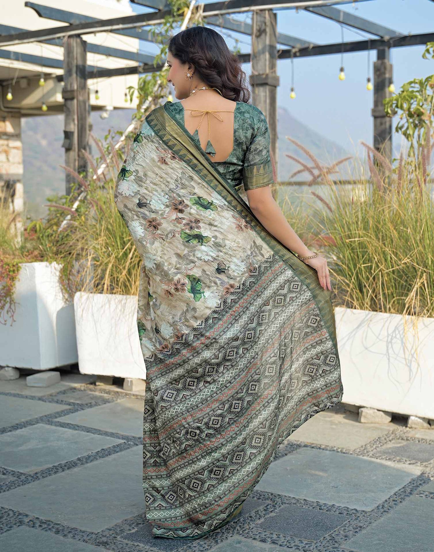 Beige Silk Woven Printed Saree