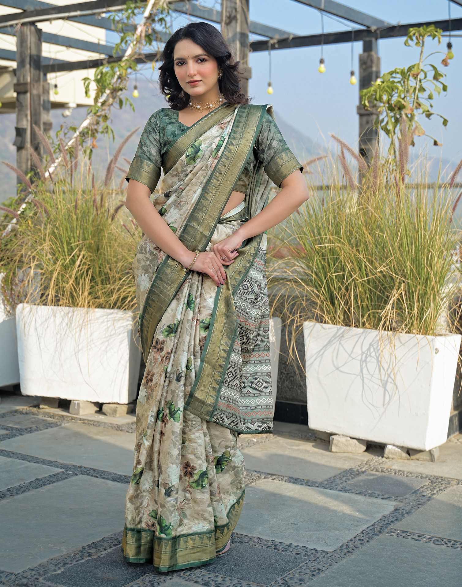Beige Silk Woven Printed Saree