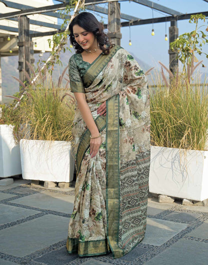 Beige Silk Woven Printed Saree