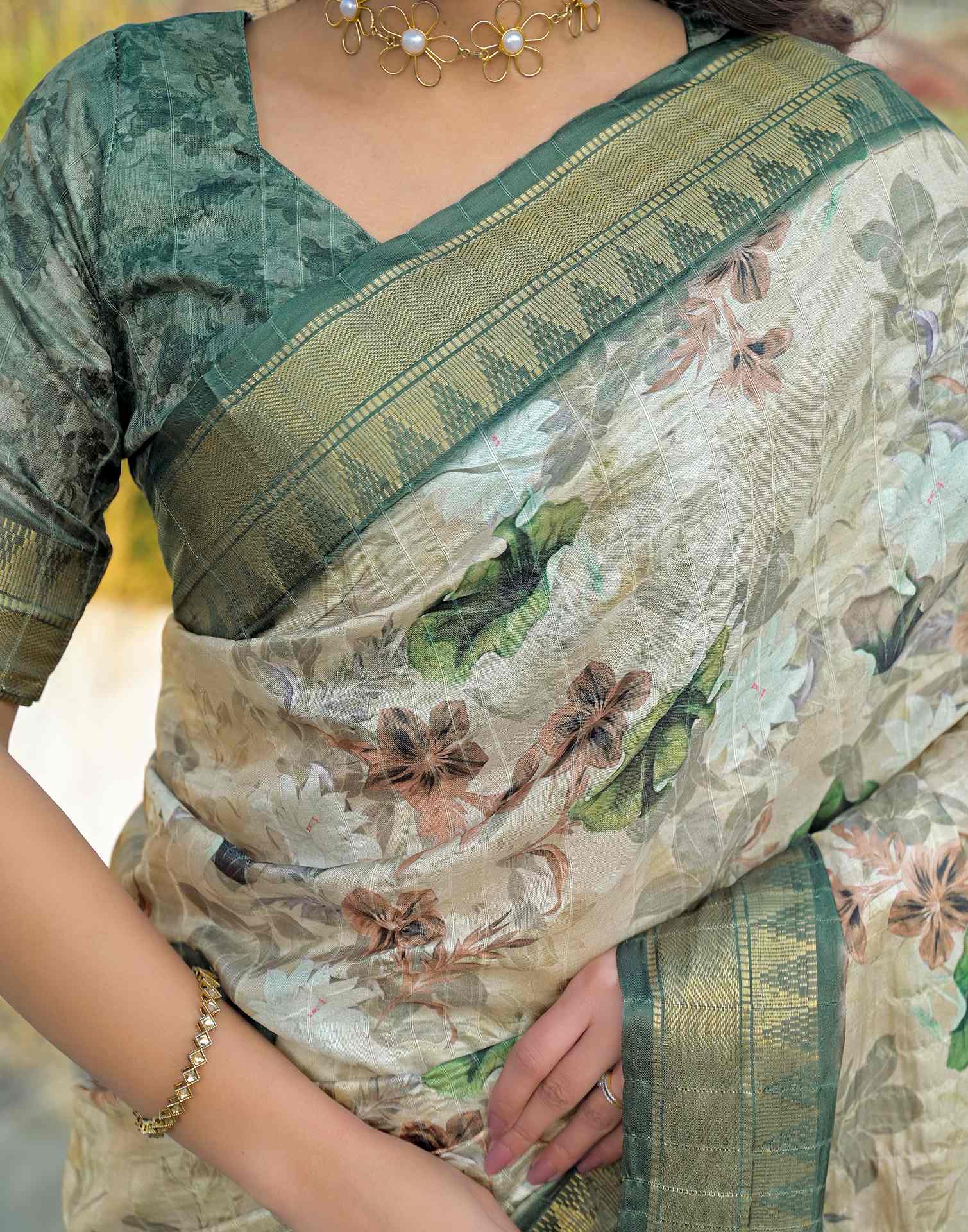 Beige Silk Woven Printed Saree