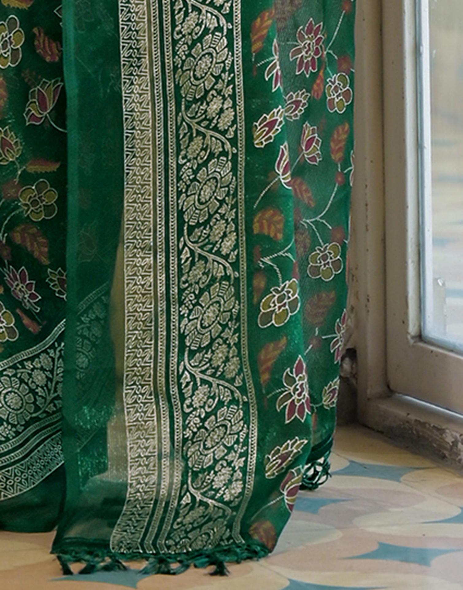 Dark Green Shimmer Chiffon Foil Printed Saree