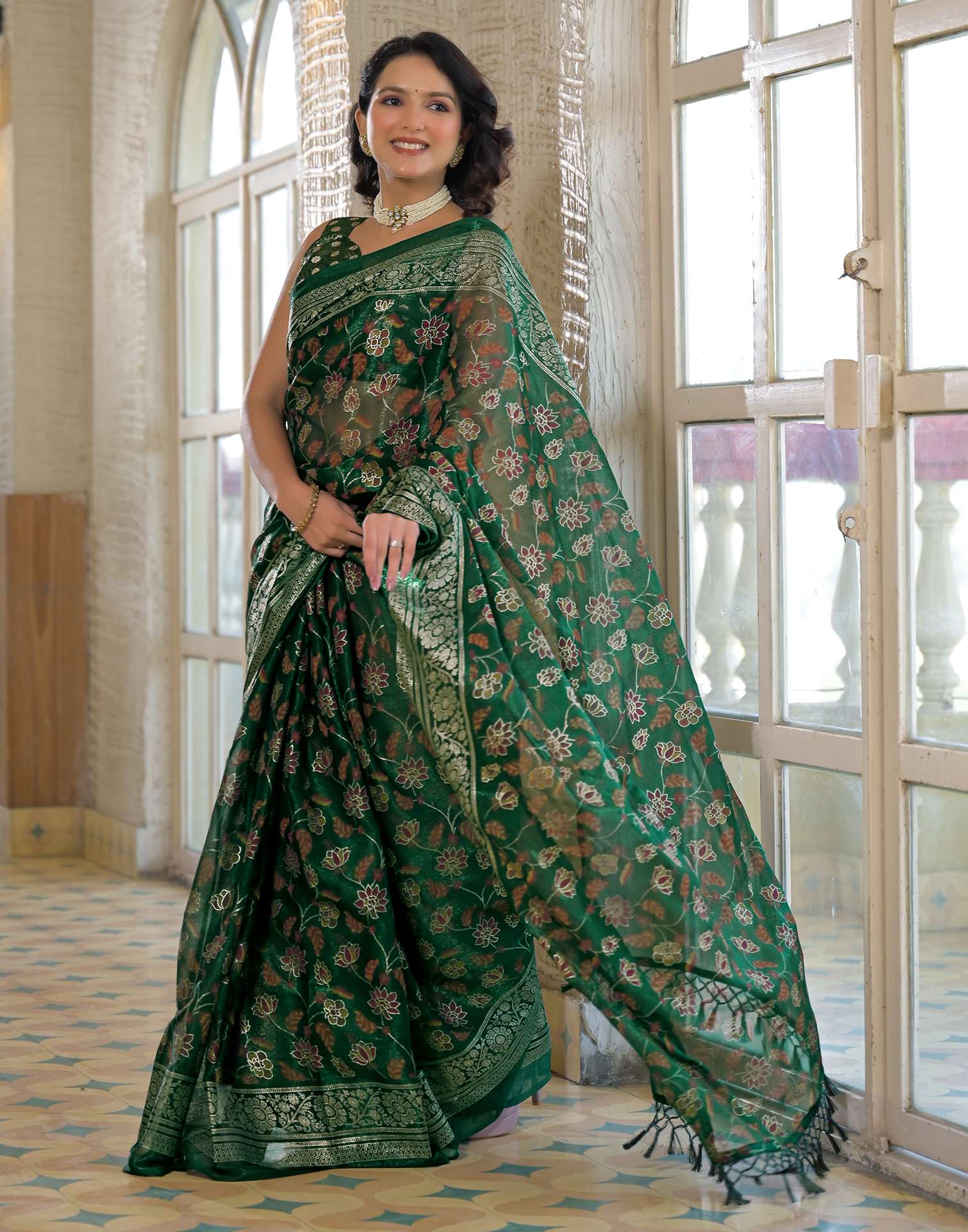 Dark Green Shimmer Chiffon Foil Printed Saree