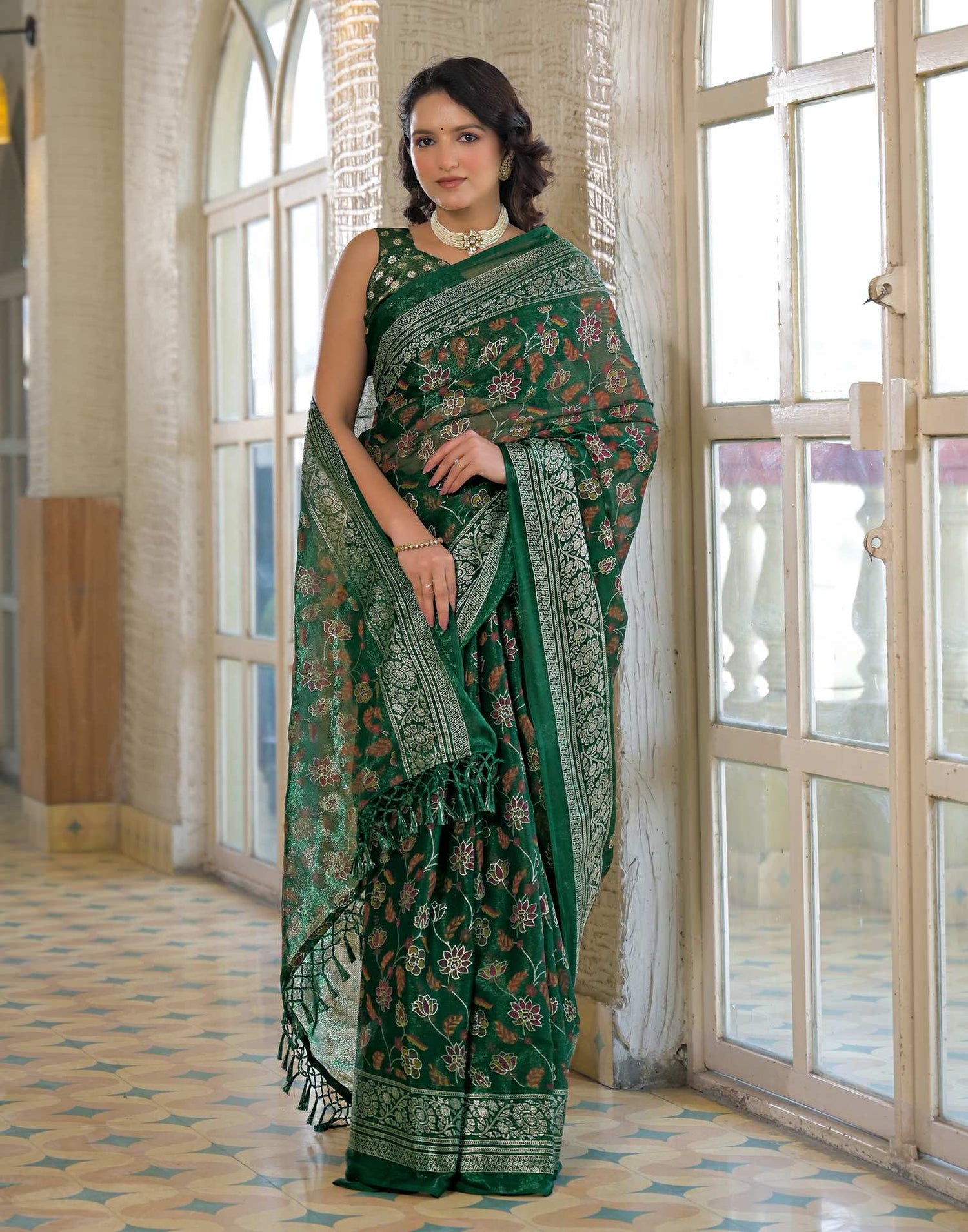 Dark Green Shimmer Chiffon Foil Printed Saree