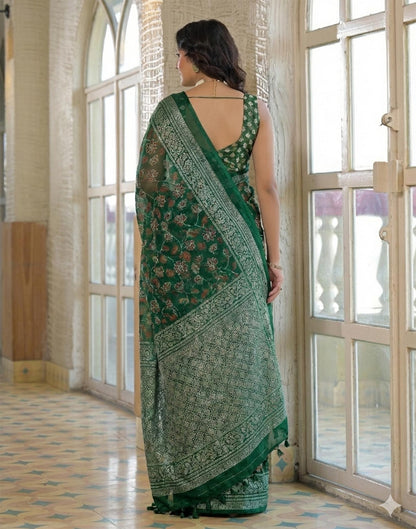 Dark Green Shimmer Chiffon Foil Printed Saree