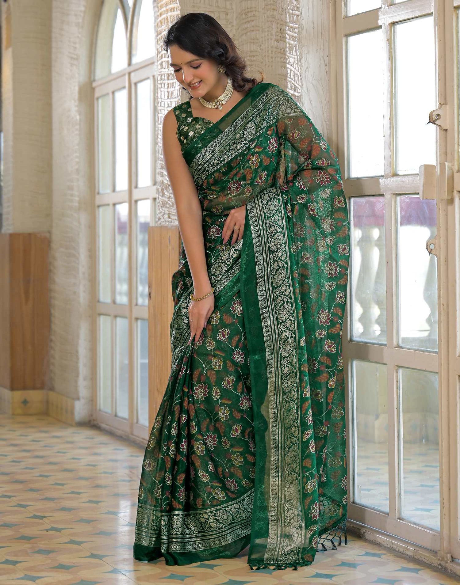 Dark Green Shimmer Chiffon Foil Printed Saree