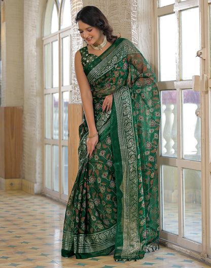 Dark Green Shimmer Chiffon Foil Printed Saree