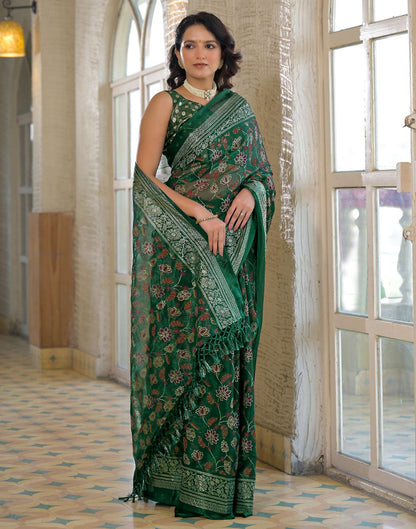 Dark Green Shimmer Chiffon Foil Printed Saree