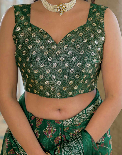 Dark Green Shimmer Chiffon Foil Printed Saree