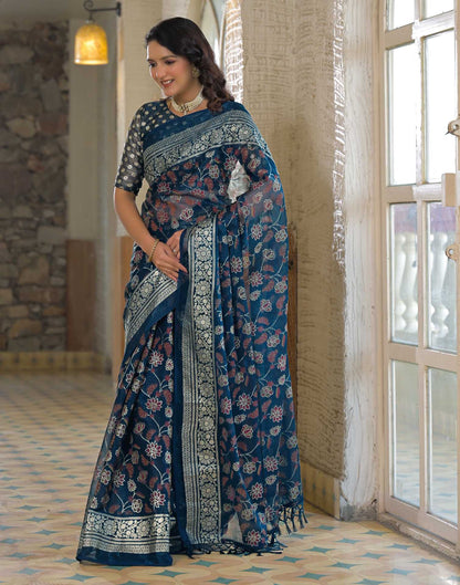 Navy Blue Shimmer Chiffon Foil Printed Saree