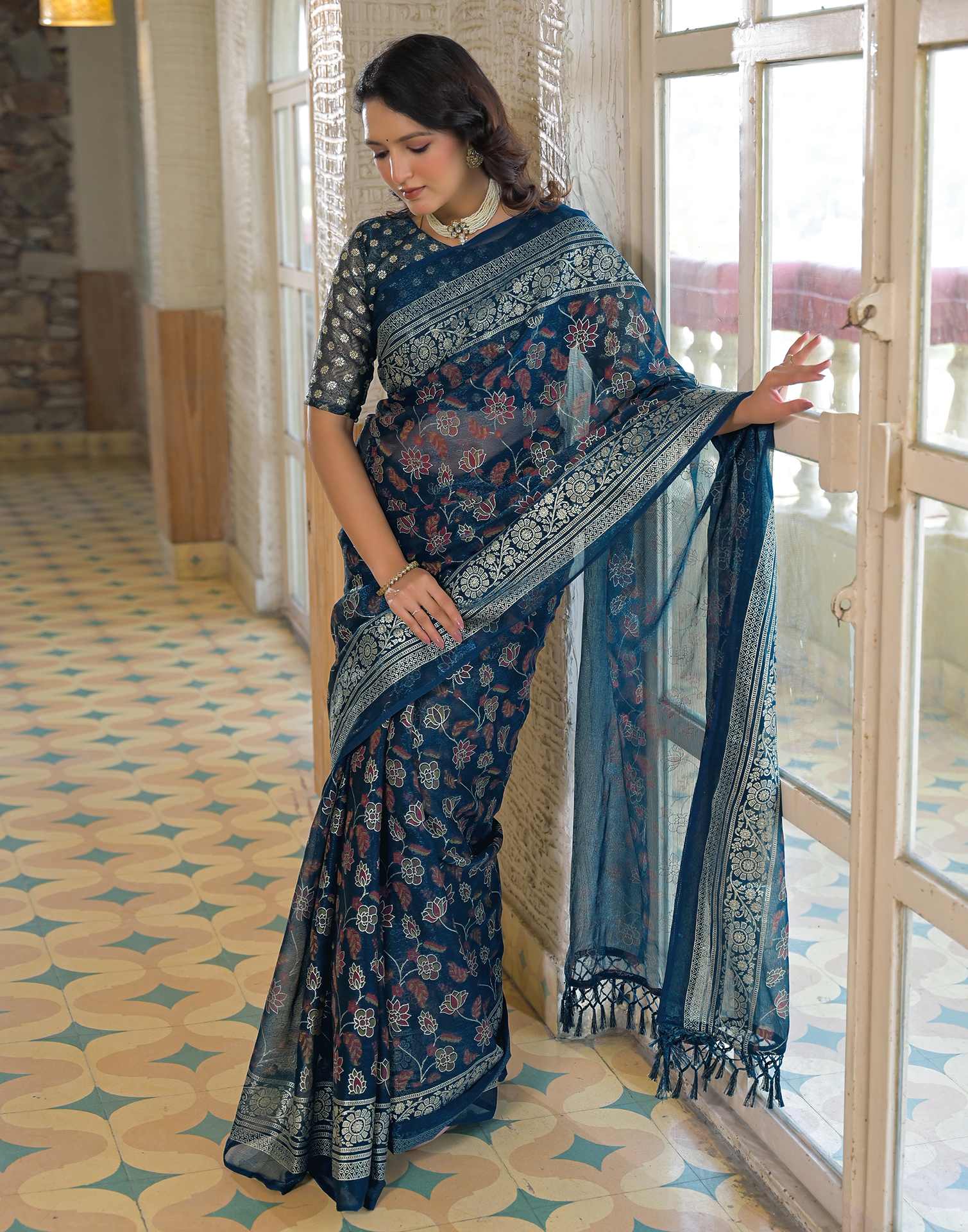 Navy Blue Shimmer Chiffon Foil Printed Saree