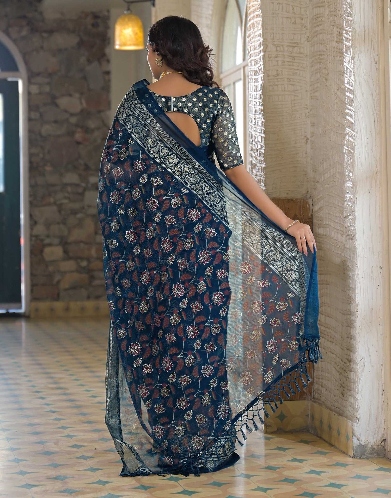 Navy Blue Shimmer Chiffon Foil Printed Saree