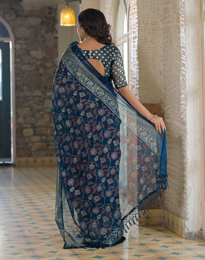 Navy Blue Shimmer Chiffon Foil Printed Saree