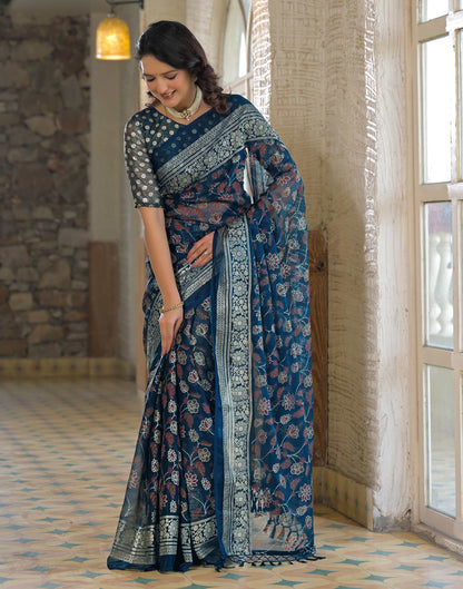 Navy Blue Shimmer Chiffon Foil Printed Saree
