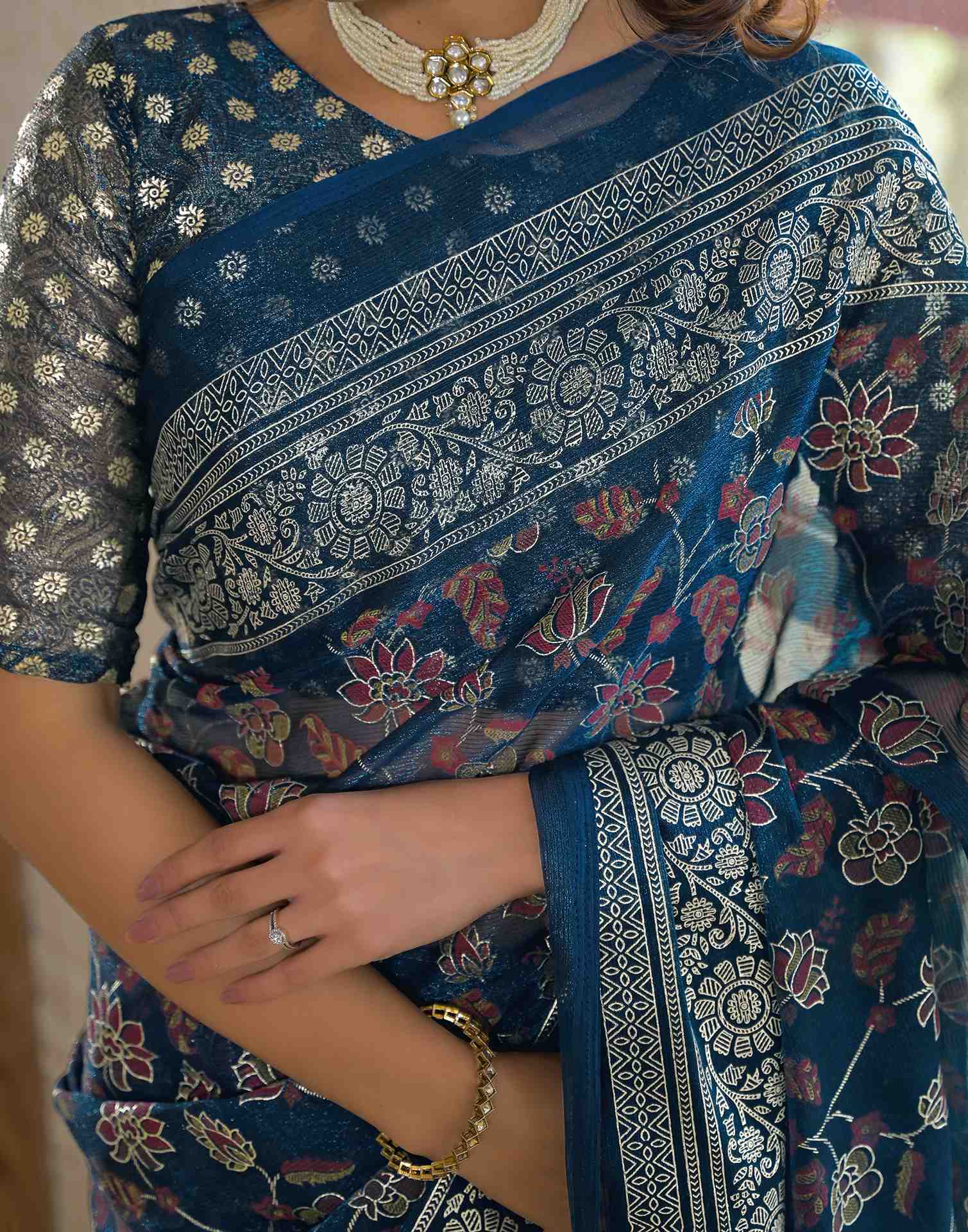 Navy Blue Shimmer Chiffon Foil Printed Saree
