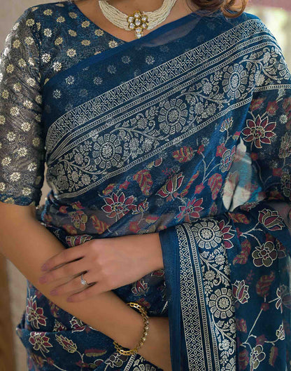 Navy Blue Shimmer Chiffon Foil Printed Saree