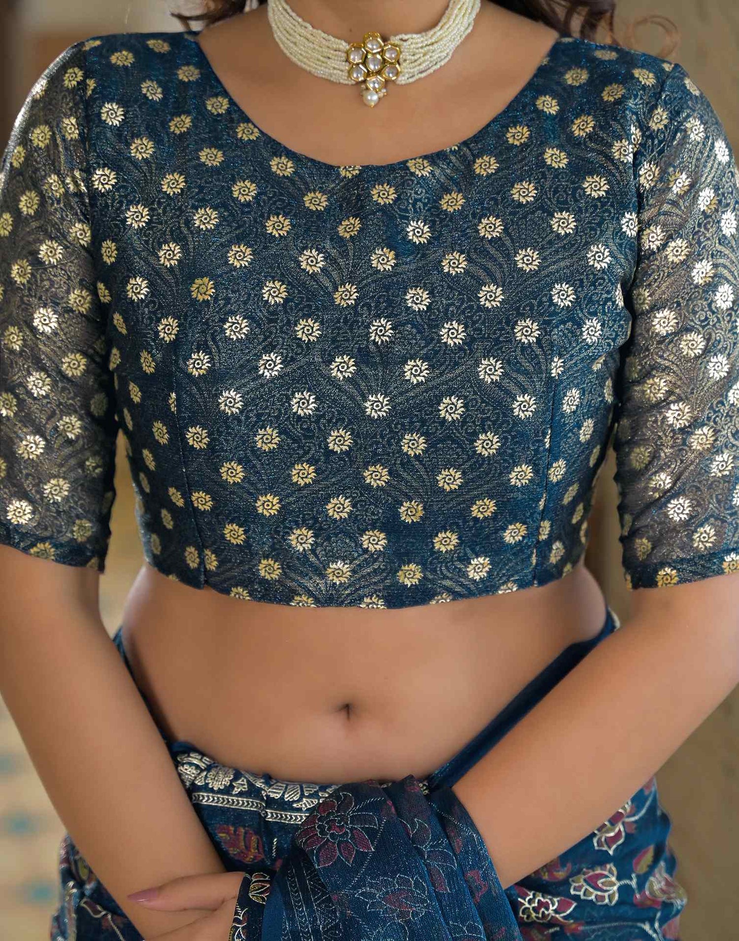 Navy Blue Shimmer Chiffon Foil Printed Saree