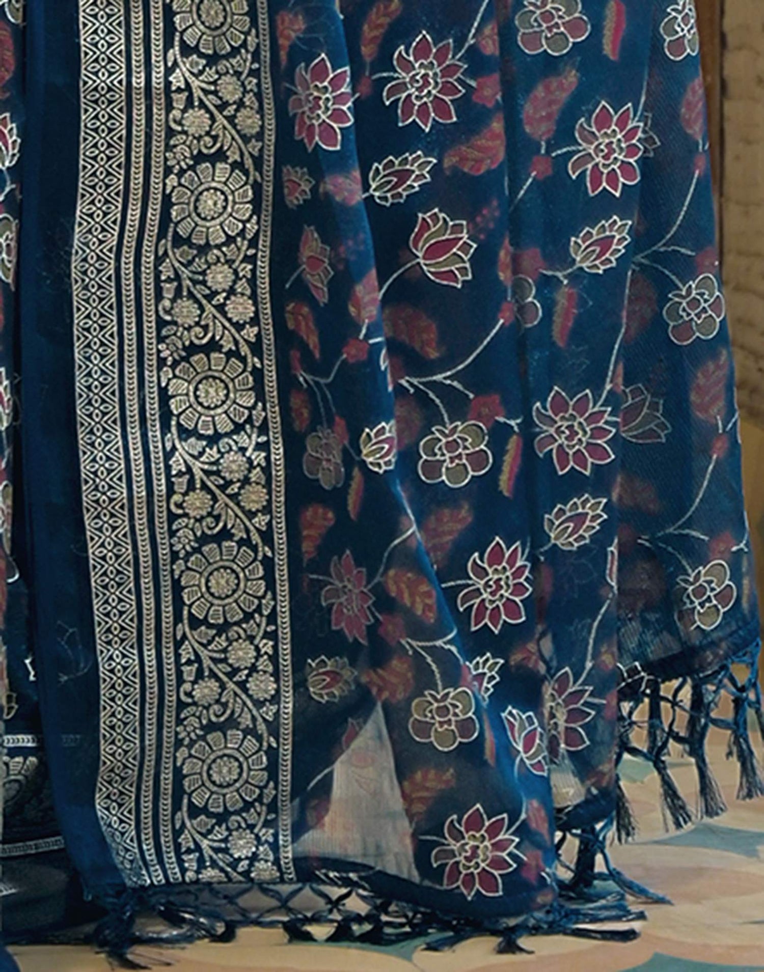 Navy Blue Shimmer Chiffon Foil Printed Saree