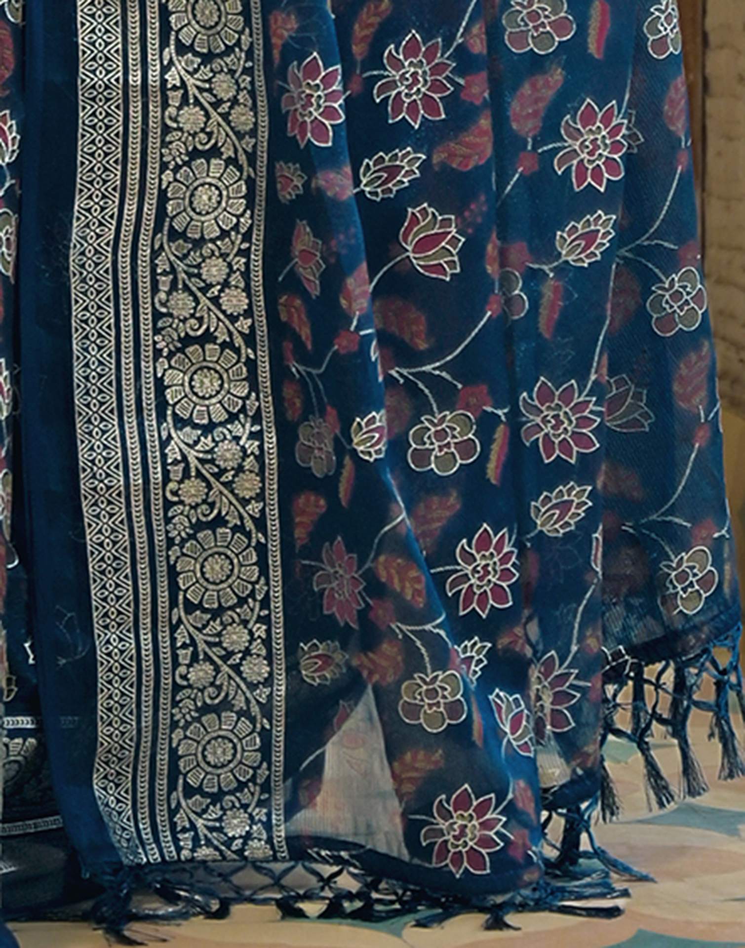 Navy Blue Shimmer Chiffon Foil Printed Saree