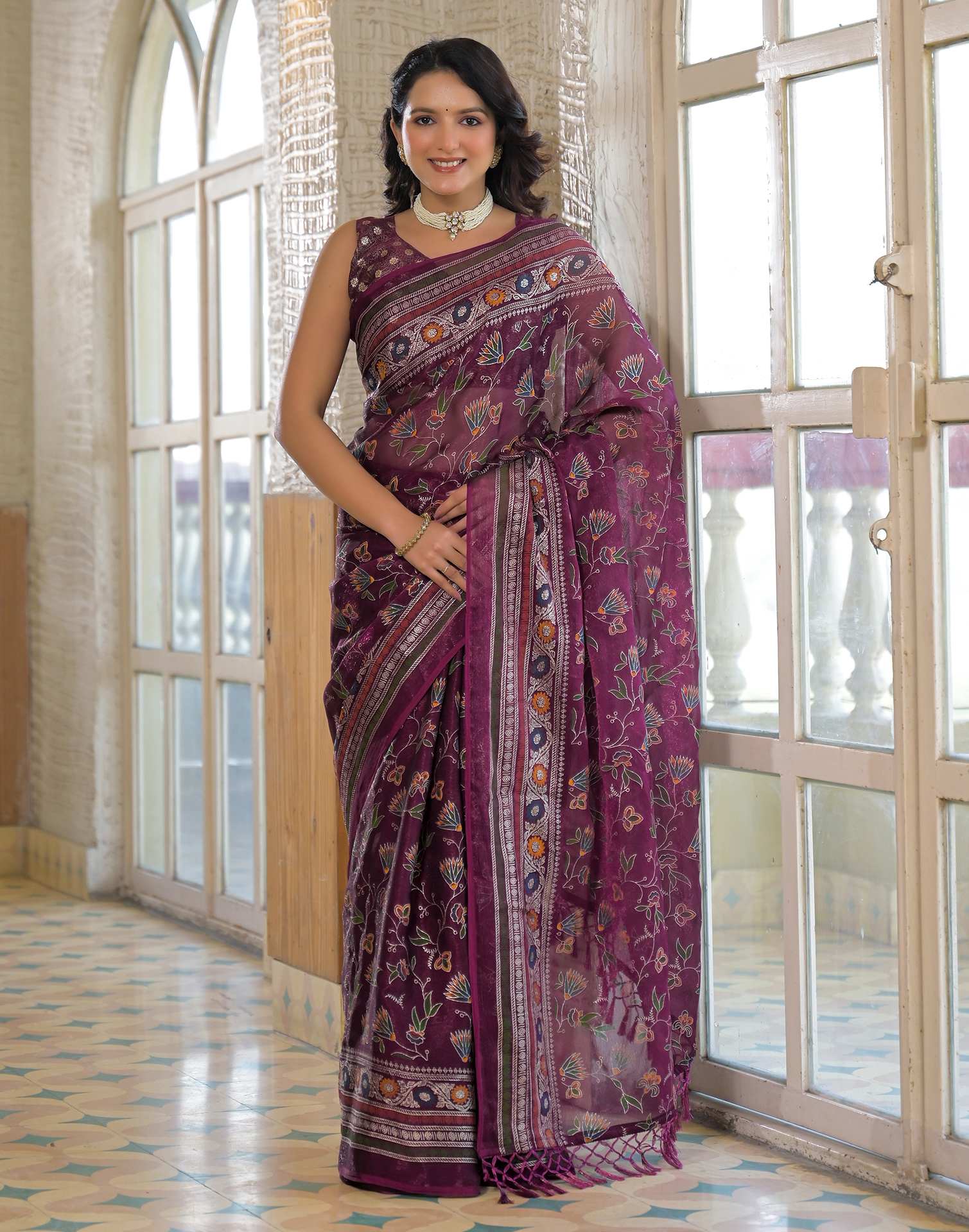 Dark Purple Shimmer Chiffon Foil Printed Saree