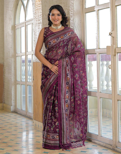 Dark Purple Shimmer Chiffon Foil Printed Saree