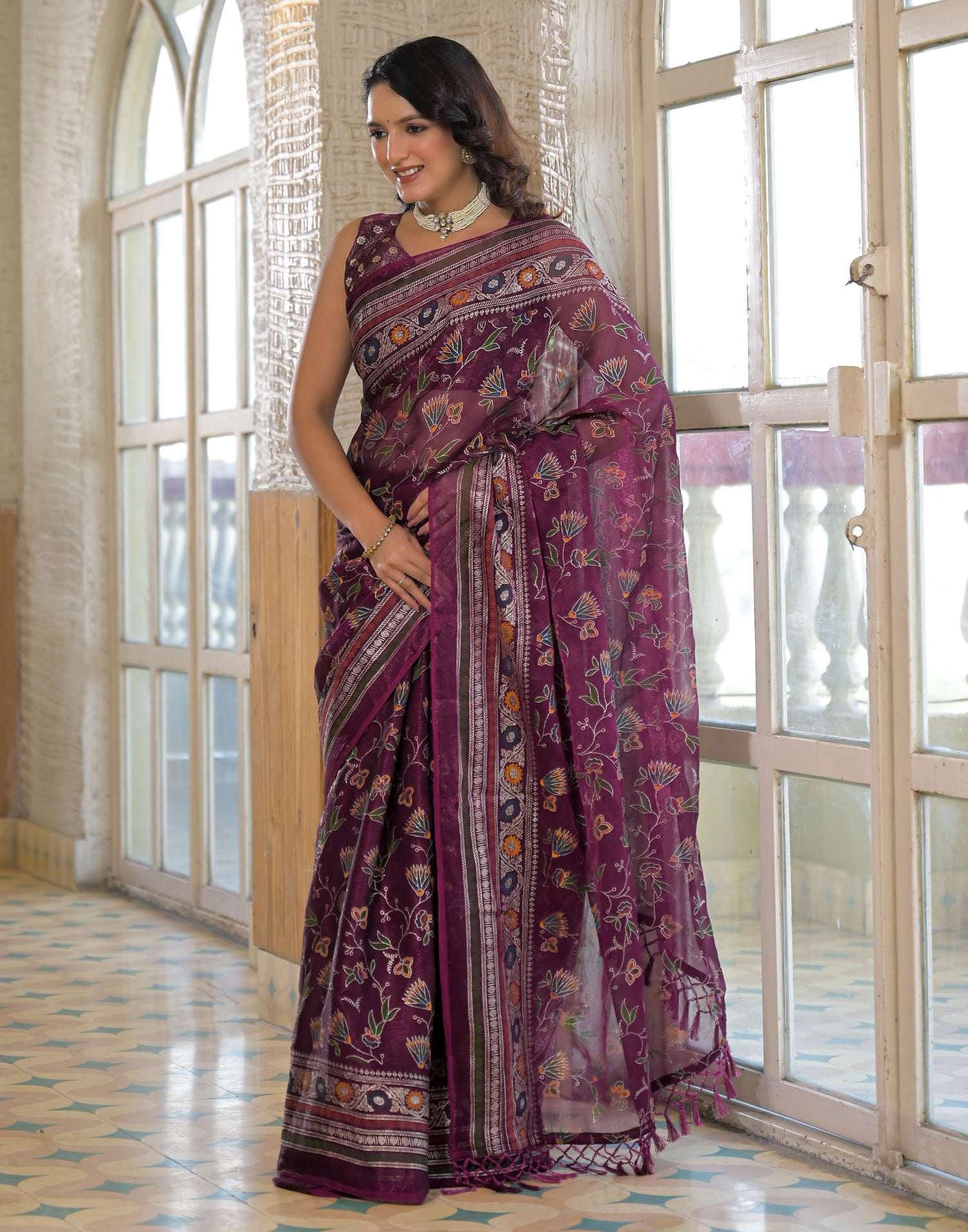 Dark Purple Shimmer Chiffon Foil Printed Saree