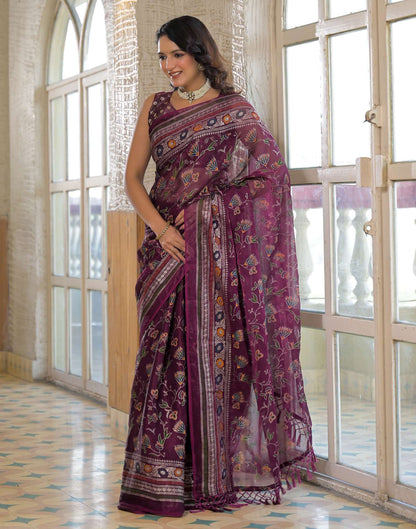 Dark Purple Shimmer Chiffon Foil Printed Saree