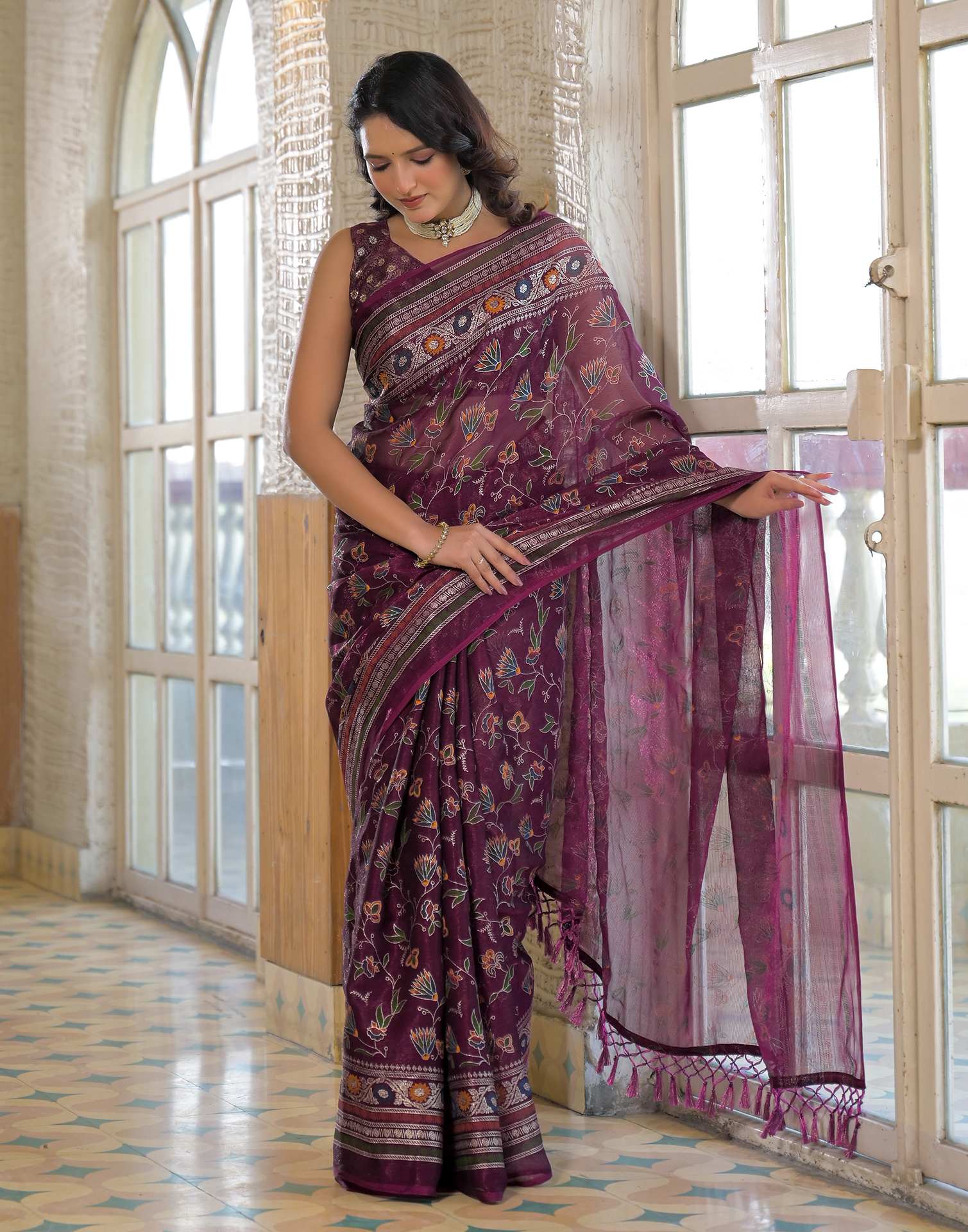 Dark Purple Shimmer Chiffon Foil Printed Saree
