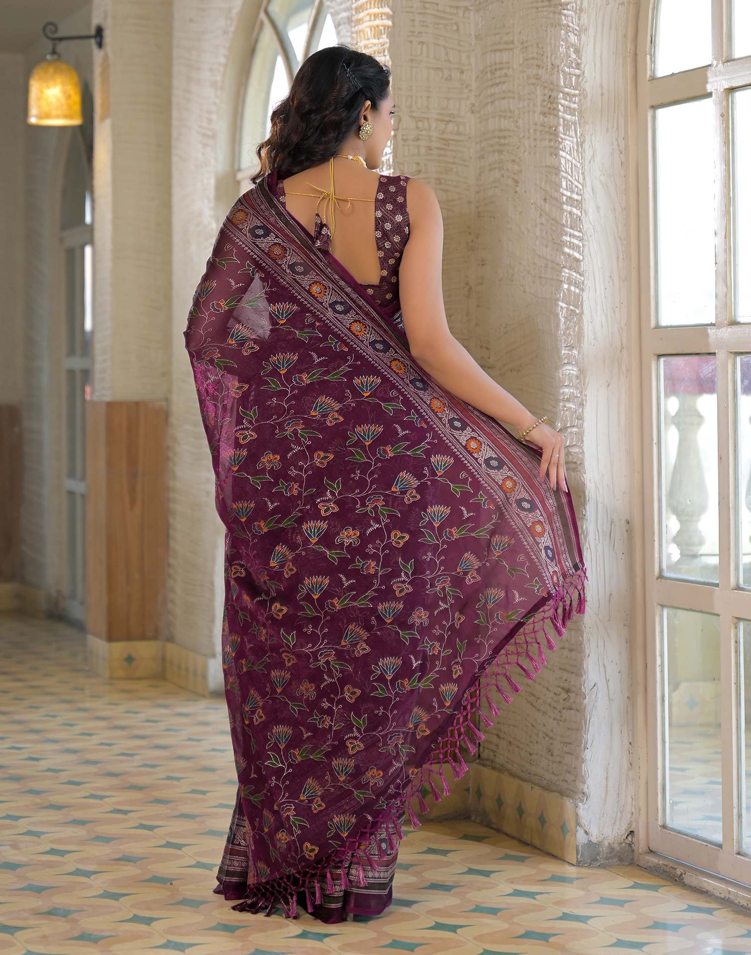 Dark Purple Shimmer Chiffon Foil Printed Saree
