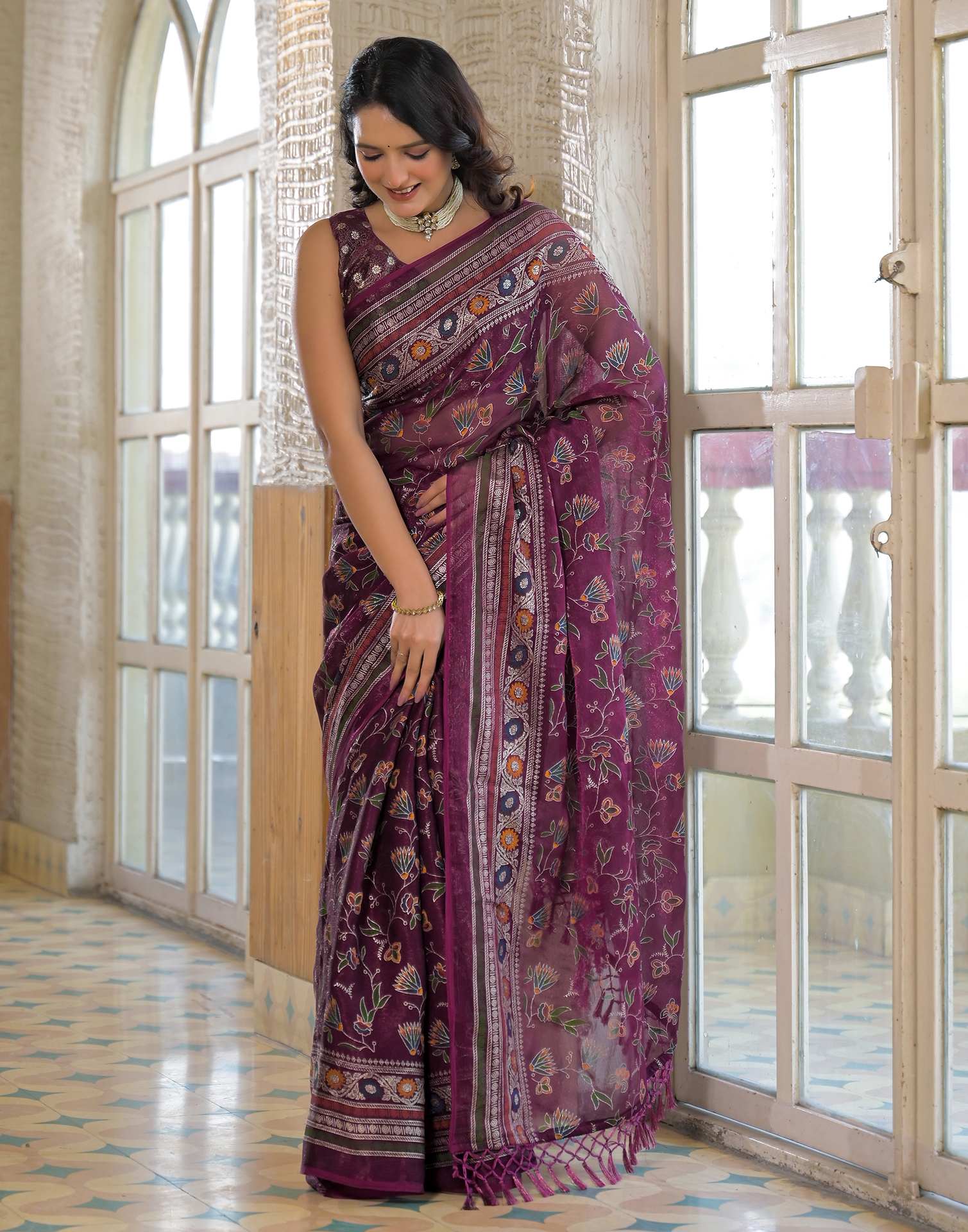 Dark Purple Shimmer Chiffon Foil Printed Saree