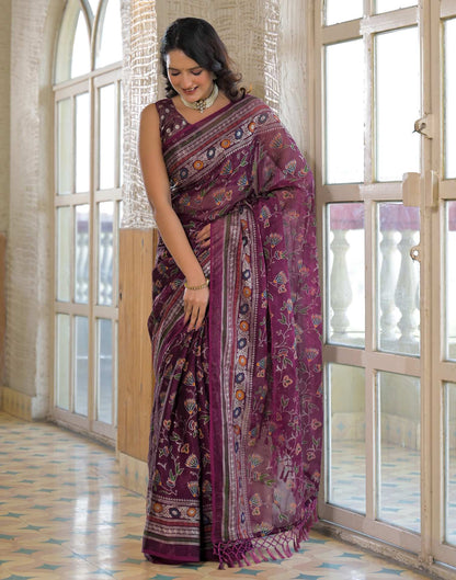 Dark Purple Shimmer Chiffon Foil Printed Saree