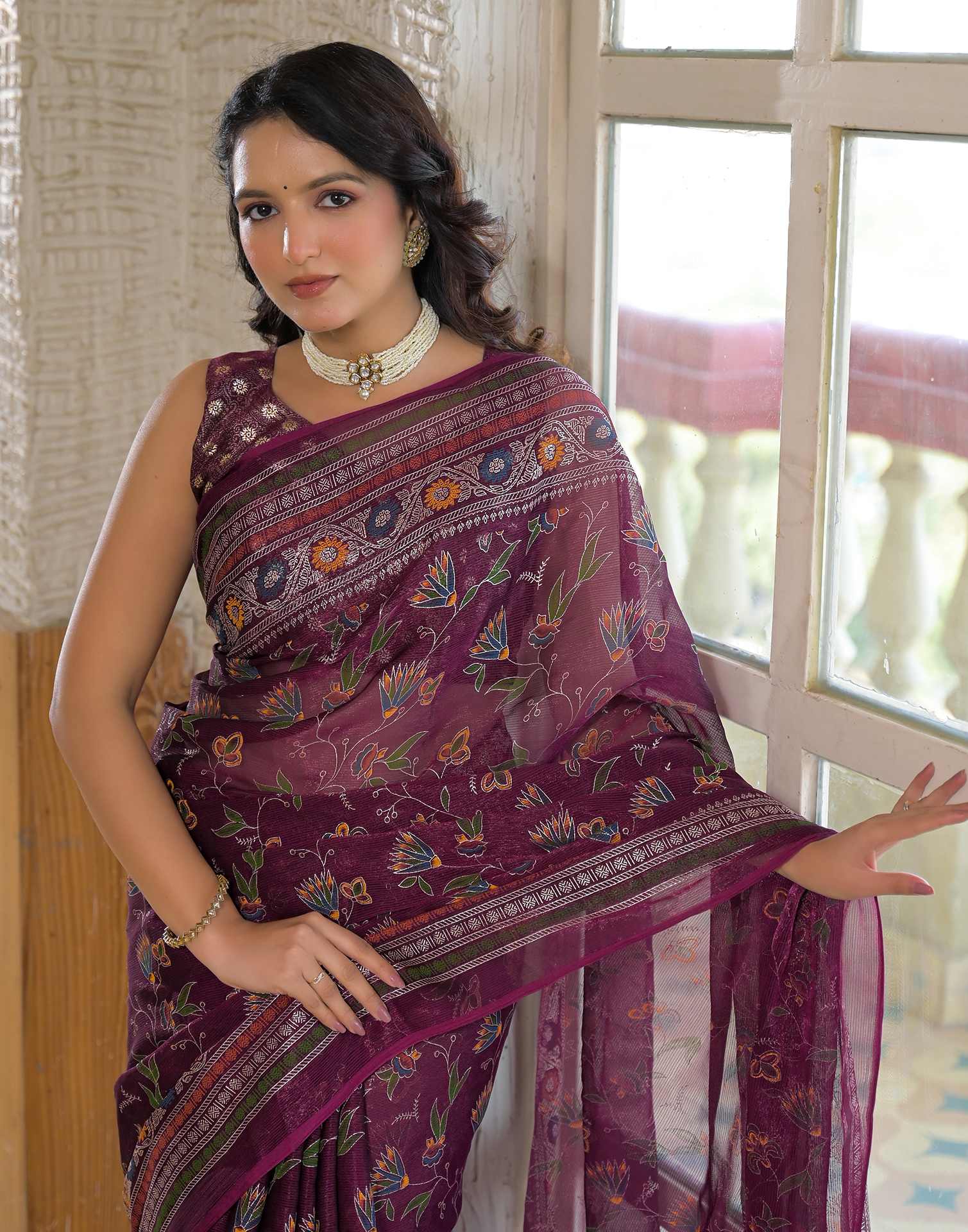 Dark Purple Shimmer Chiffon Foil Printed Saree