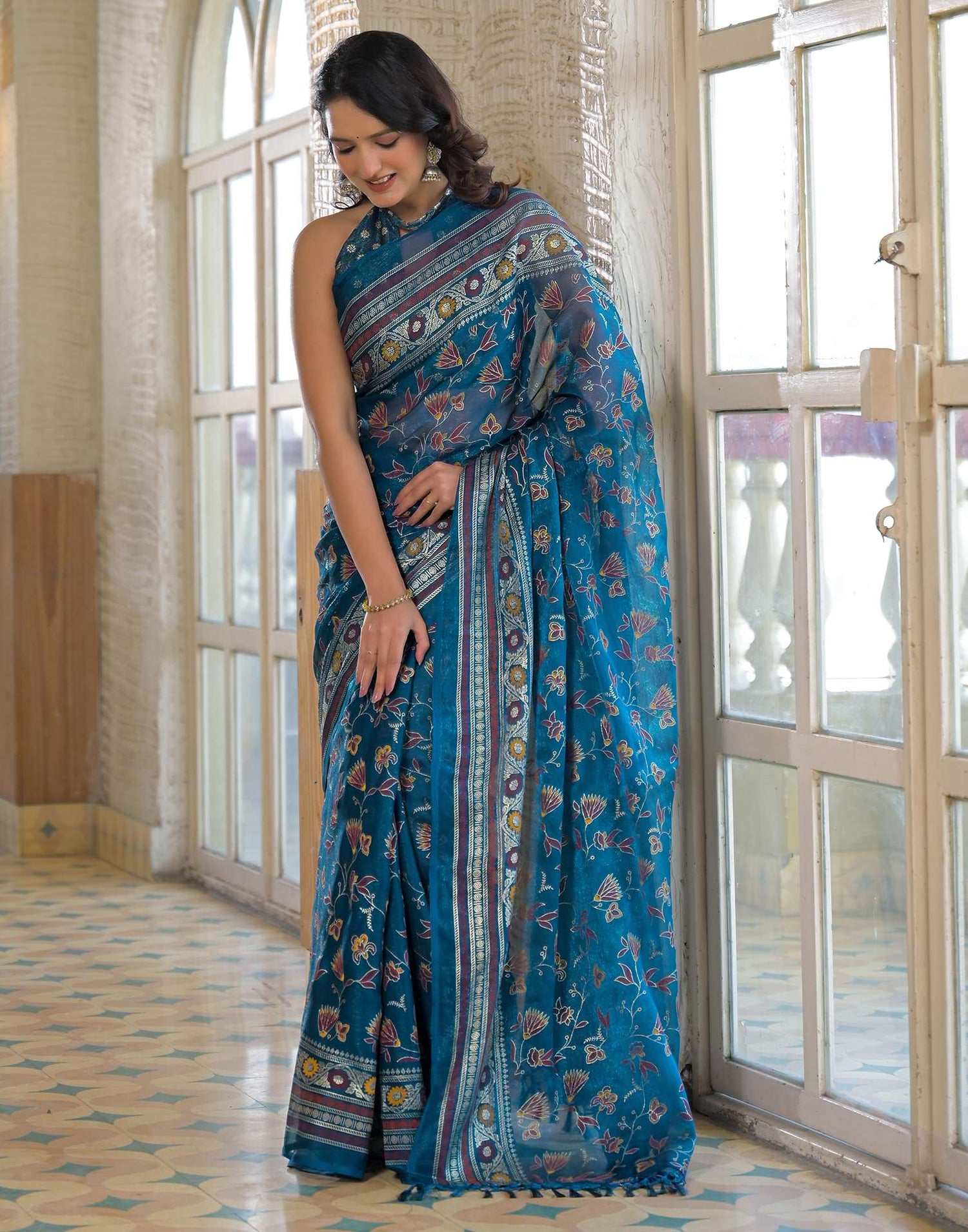 Peacock Blue Shimmer Chiffon Foil Printed Saree