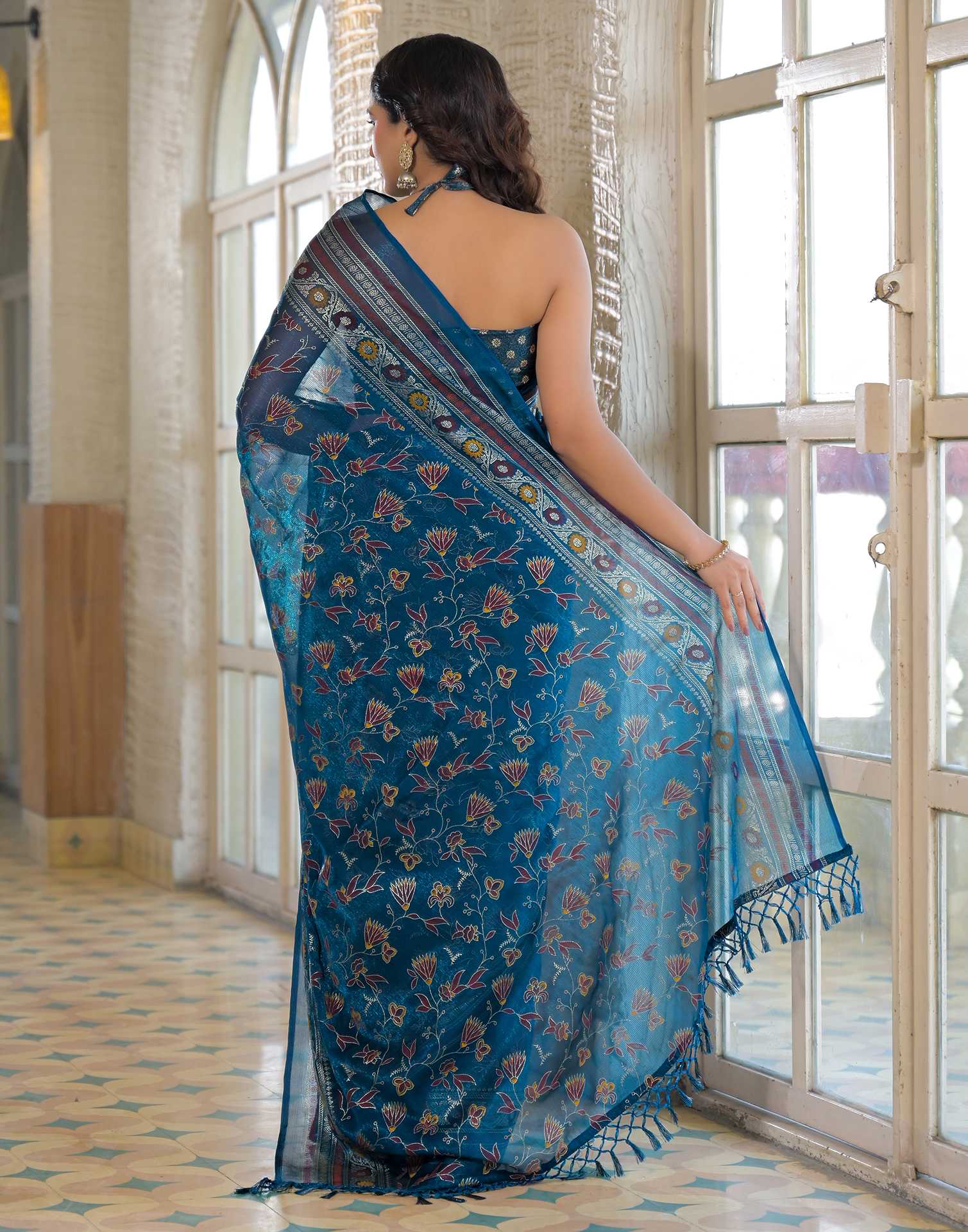 Peacock Blue Shimmer Chiffon Foil Printed Saree
