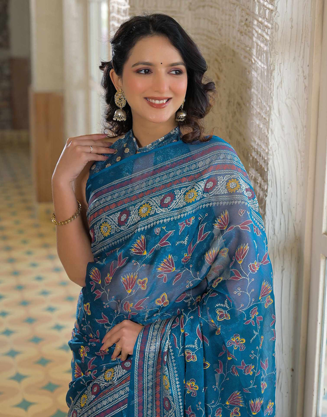 Peacock Blue Shimmer Chiffon Foil Printed Saree