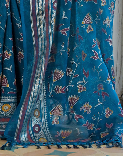 Peacock Blue Shimmer Chiffon Foil Printed Saree