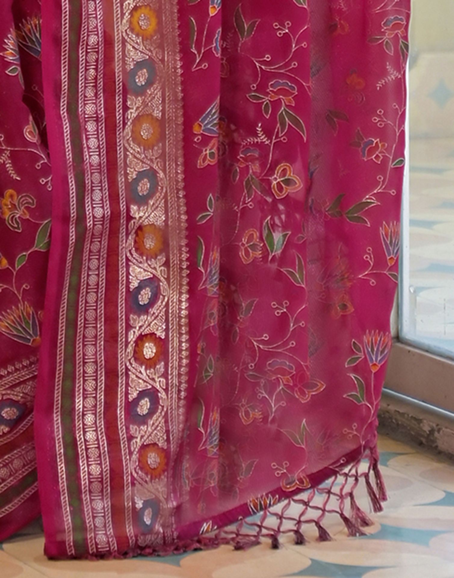 Rani Pink Shimmer Chiffon Foil Printed Saree