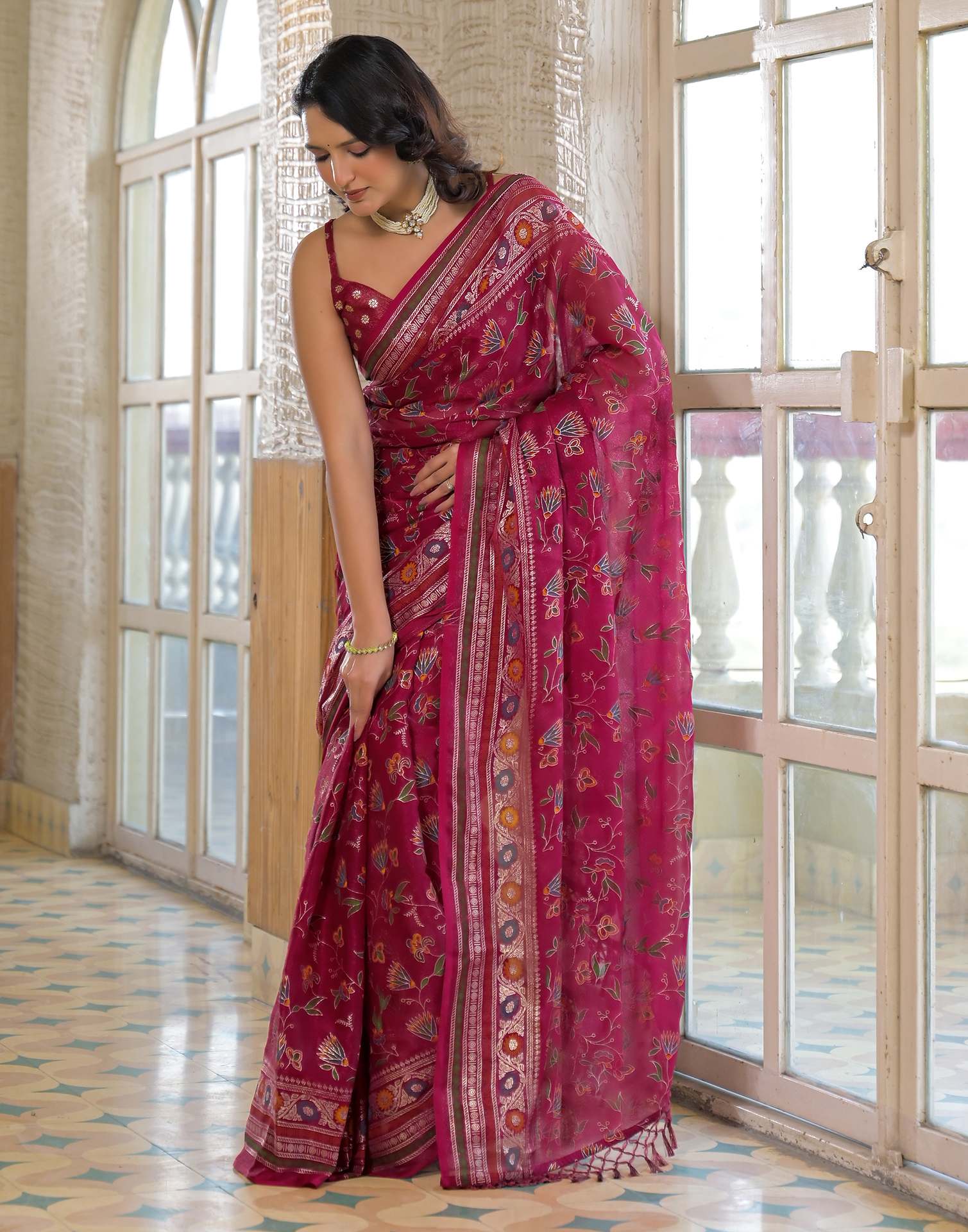 Rani Pink Shimmer Chiffon Foil Printed Saree