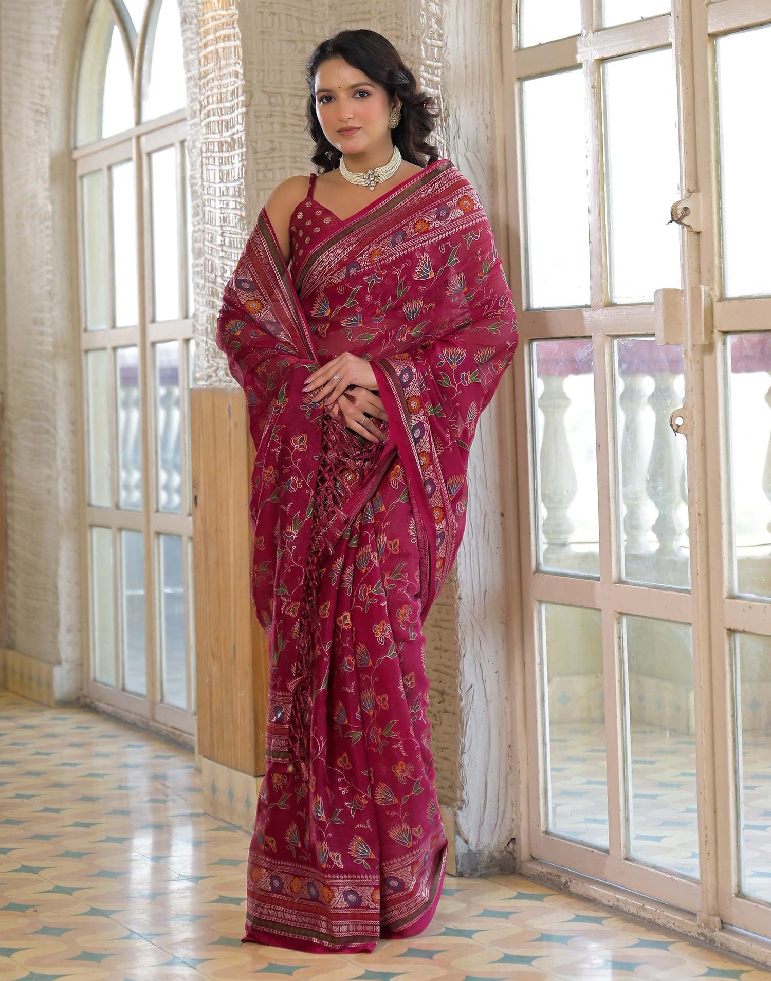 Rani Pink Shimmer Chiffon Foil Printed Saree