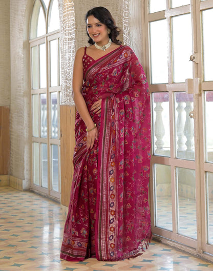 Rani Pink Shimmer Chiffon Foil Printed Saree